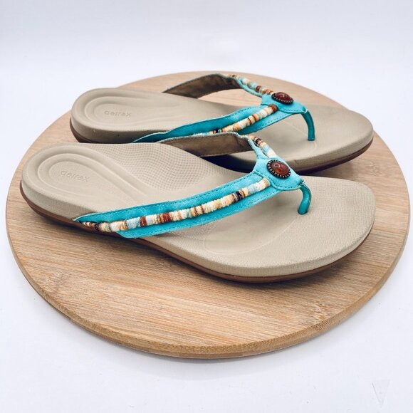 Aetrex Sandals Womens 9/9.5 Blue Orthopedic Flip Flop Beaded Boho - Picture 1 of 11